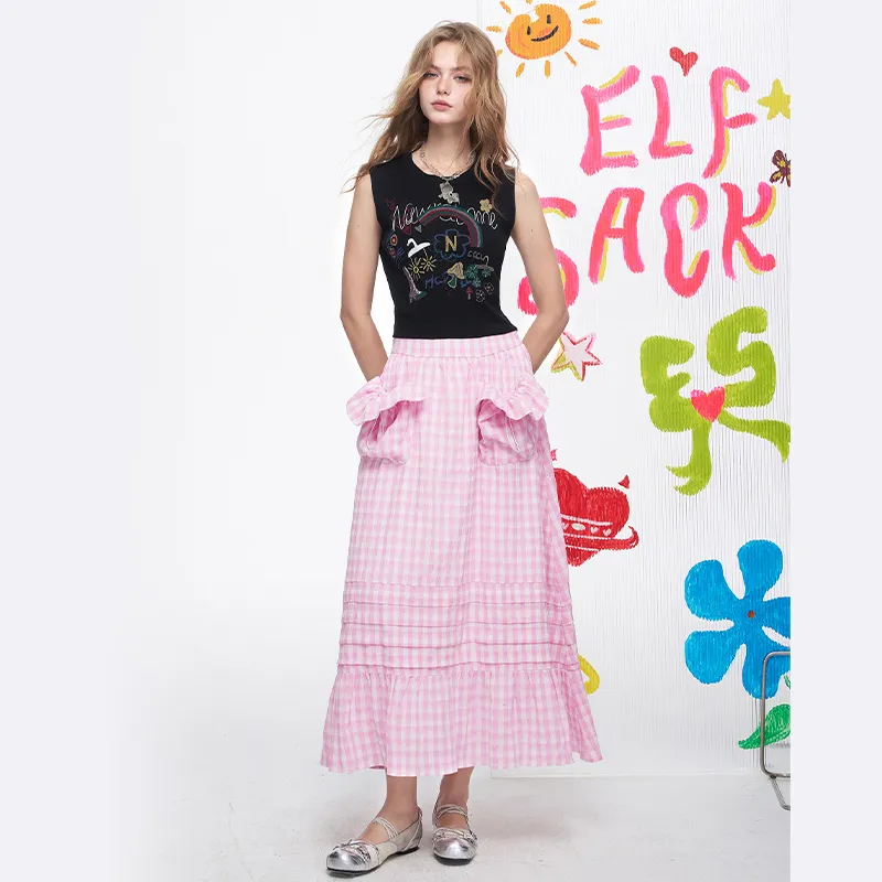 ELF SACK Casual Long Skirt Women's Pink White Plaid-5