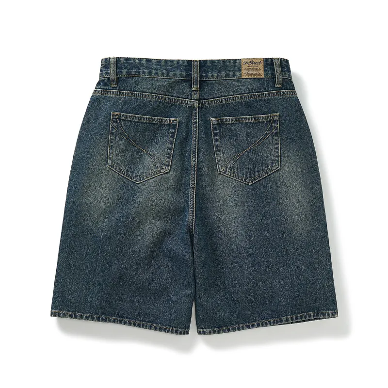 714STREET Textured Bamboo Denim Pleated Shorts Men's Denim Blue-1