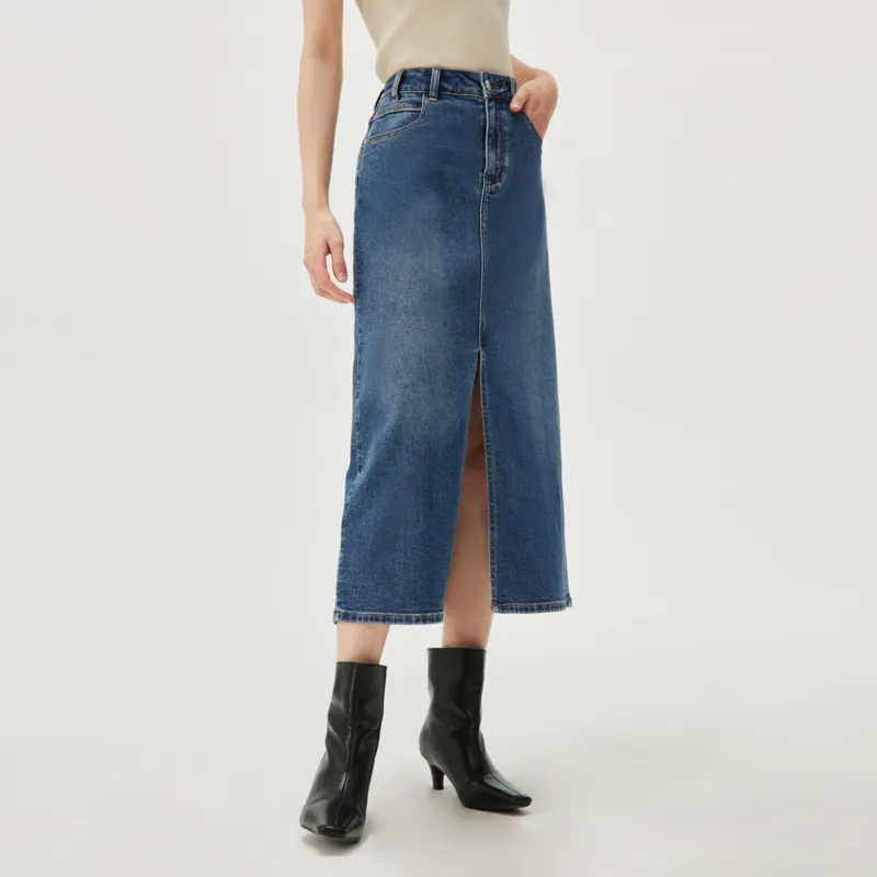 HLA Denim Long Skirts Women's Blue Gray Denim Gradient-2