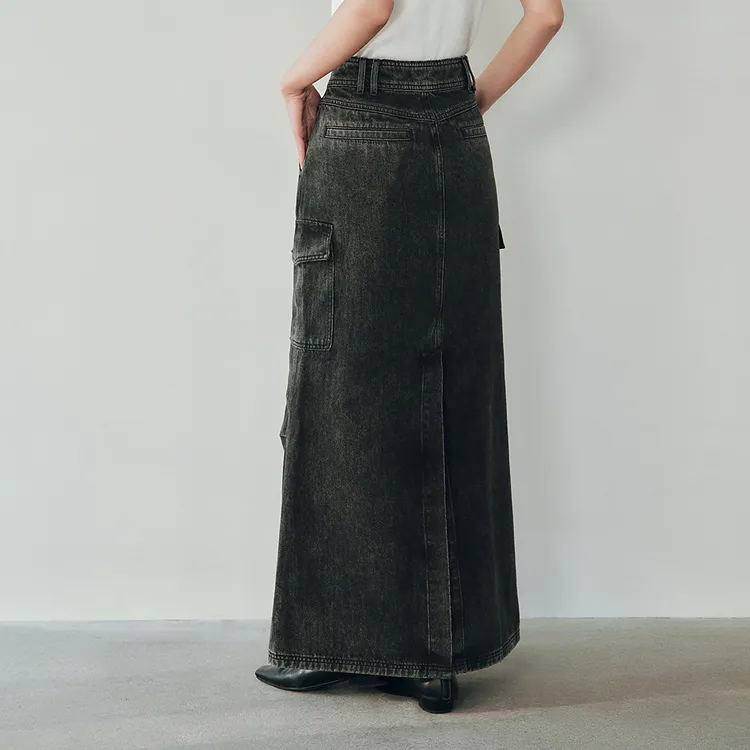PEACEBIRD Denim Long Skirts Women's Denim Medium Black-4