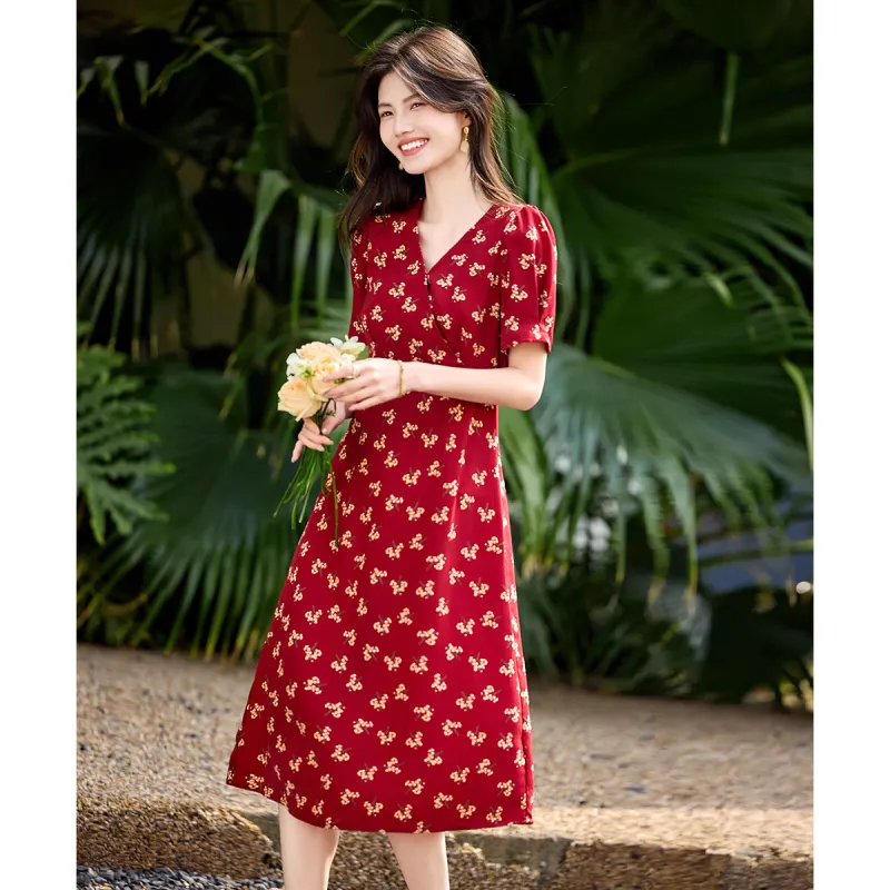 Still Quiet Short Sleeved Dress Women's Red Flower-4