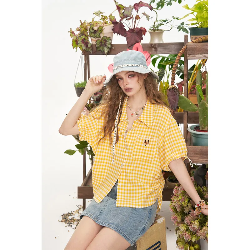 ELF SACK Shirts Women's Pastoral Yellow White Plaid-3