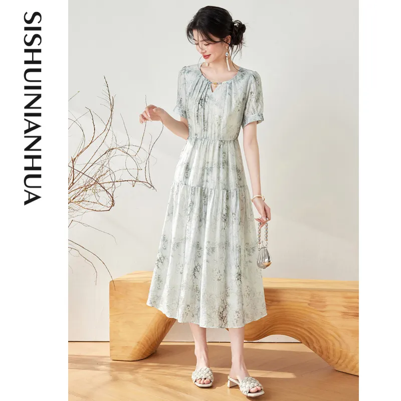 Like The Age Of Water Short Sleeved Dress Women's Blue Gray-1