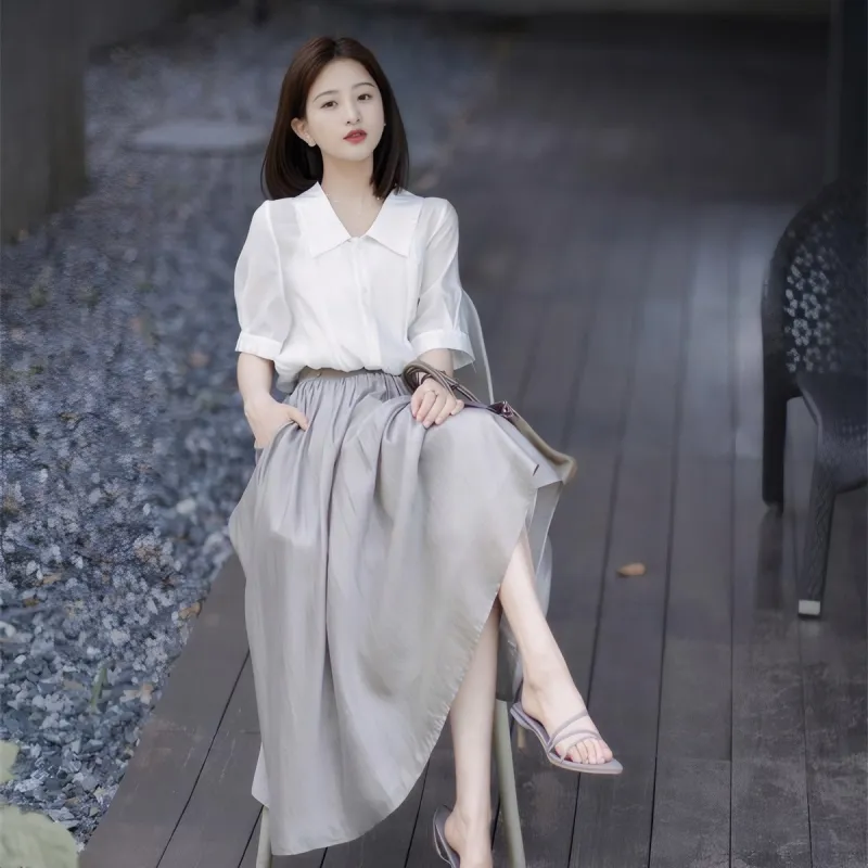 XIANSINIAO Two Piece Skirt Sets Women's Light Gray-0