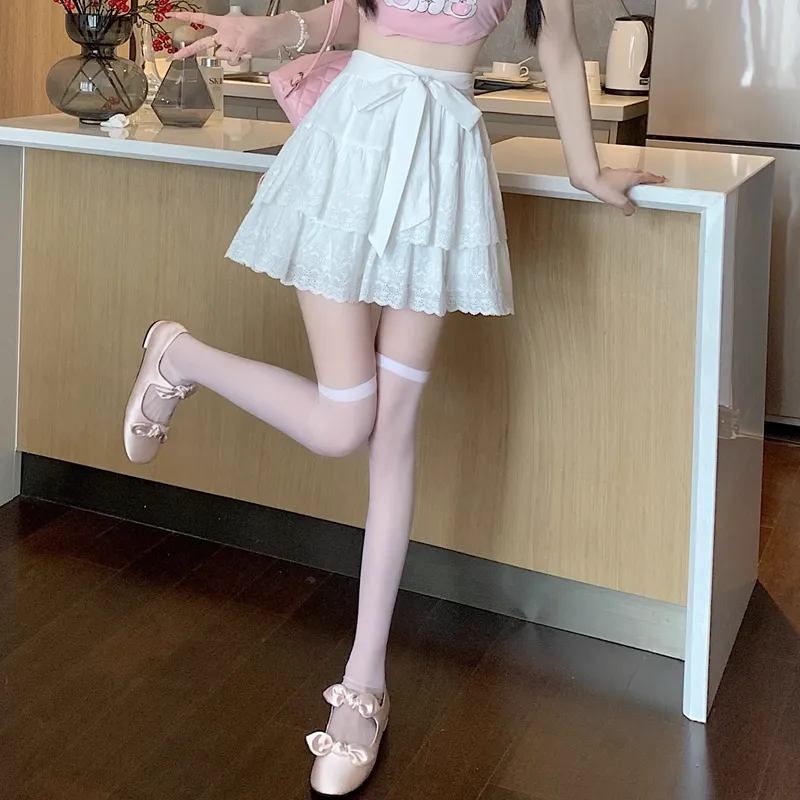 MTHE Sweet Hot Girl Lace Trim Casual Short Skirts Loose Fit Women's White-4