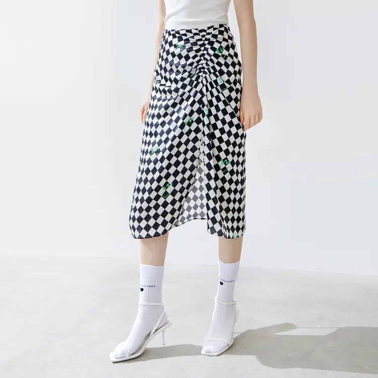 MOCO Casual Long Skirts Women's Black White Checkerboard-4