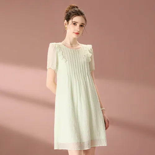 FENHONGMALI Spring, Summer, Fall Short Sleeved Dress Regular Women's Green