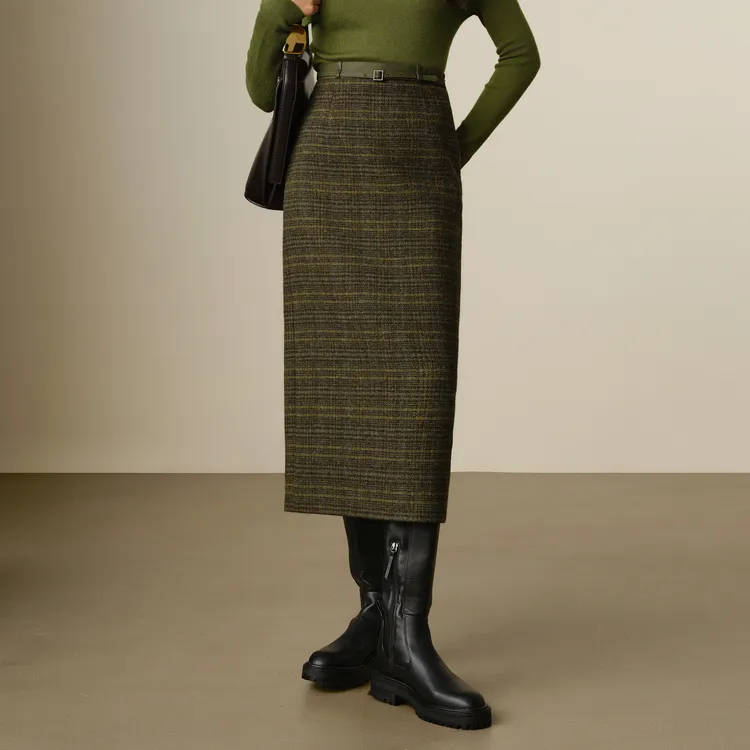 JZ. ANNAKRO Casual Long Skirts Women's Plaid Yellow Green-2