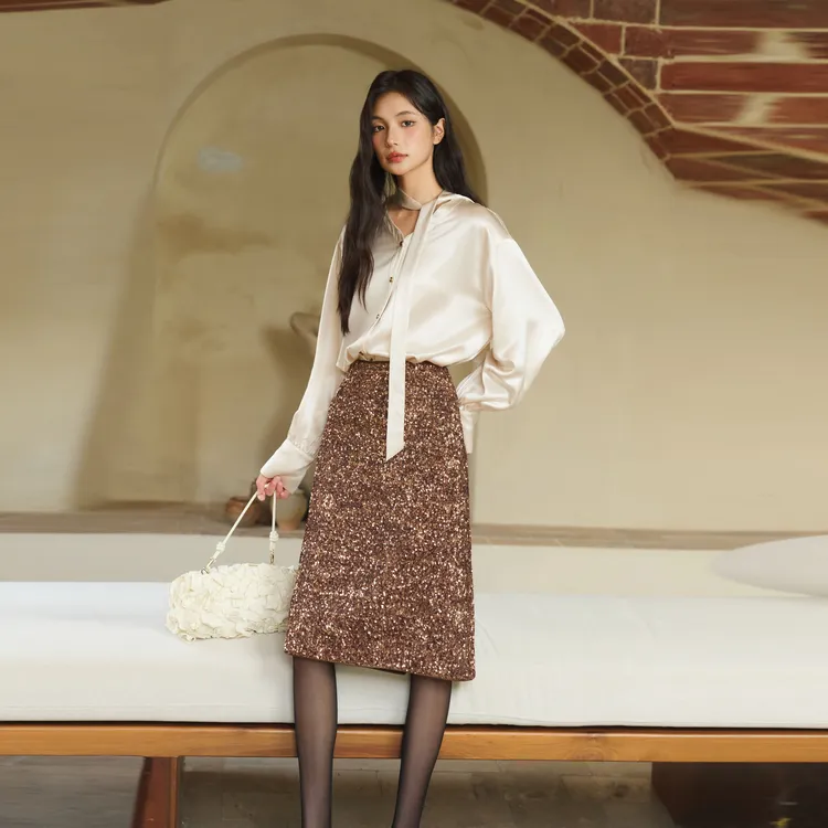 Three Quarters Casual Long Skirt Women's Brown-5