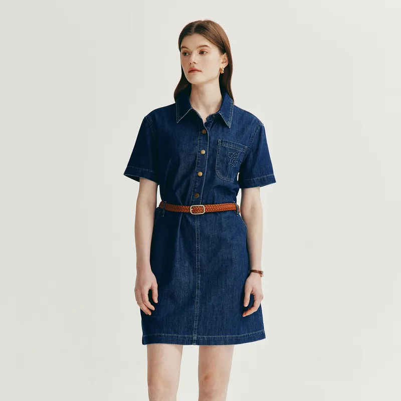E.land Short Sleeved Dress Women's Denim 55Indigo-3