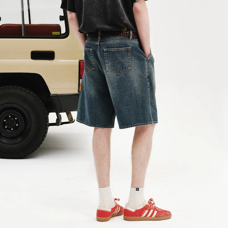 714STREET Textured Bamboo Denim Pleated Shorts Men's Denim Blue-4