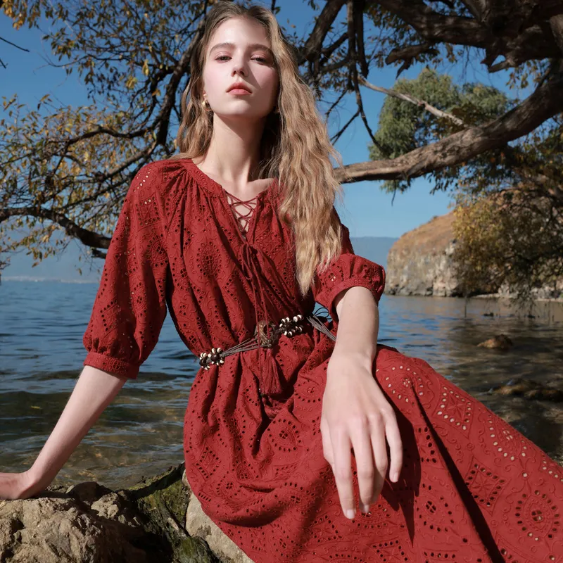 3COLOUR Long Sleeved Dress Women's Cherry Red-2