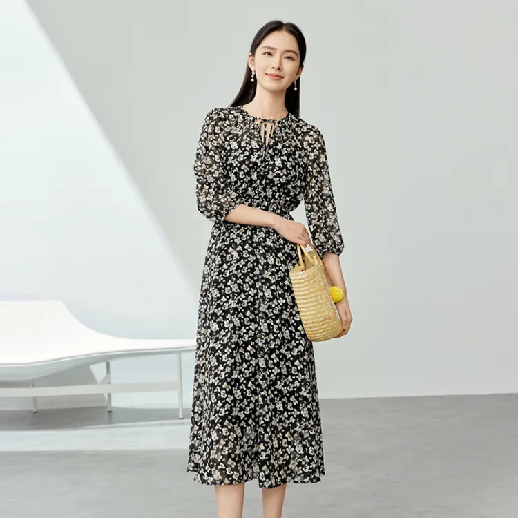 SENTUBILA Long Sleeved Dresses Women's Black Floral-2