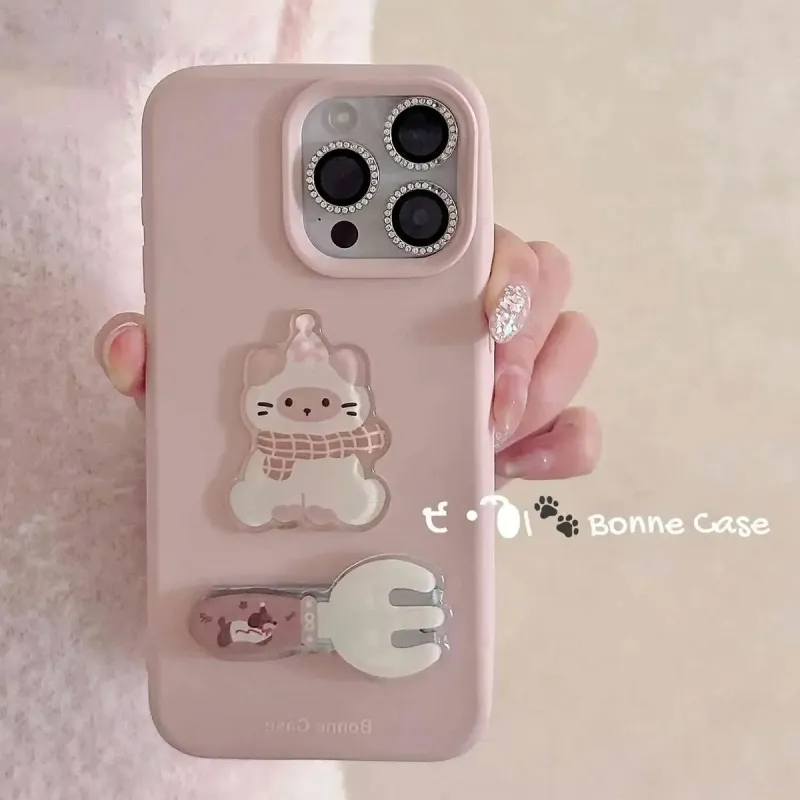 Sopi Silicone Material 3D Effect Kitten Fork Stand Phone Cases Compatible With IPhone 16/15 Pro Max/Apple 13/14 Pro/Max-2