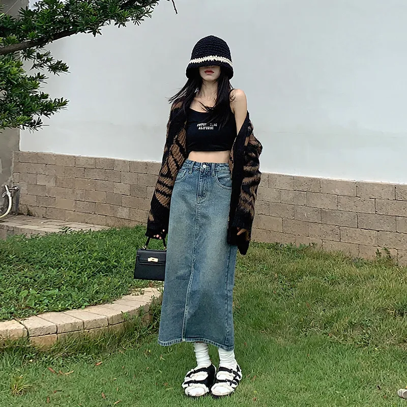 XIANSINIAO Denim Long Skirt Women's-1