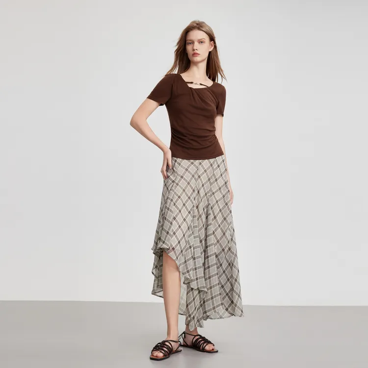 ELLE Casual Long Skirts Women's Coffee Plaid-6