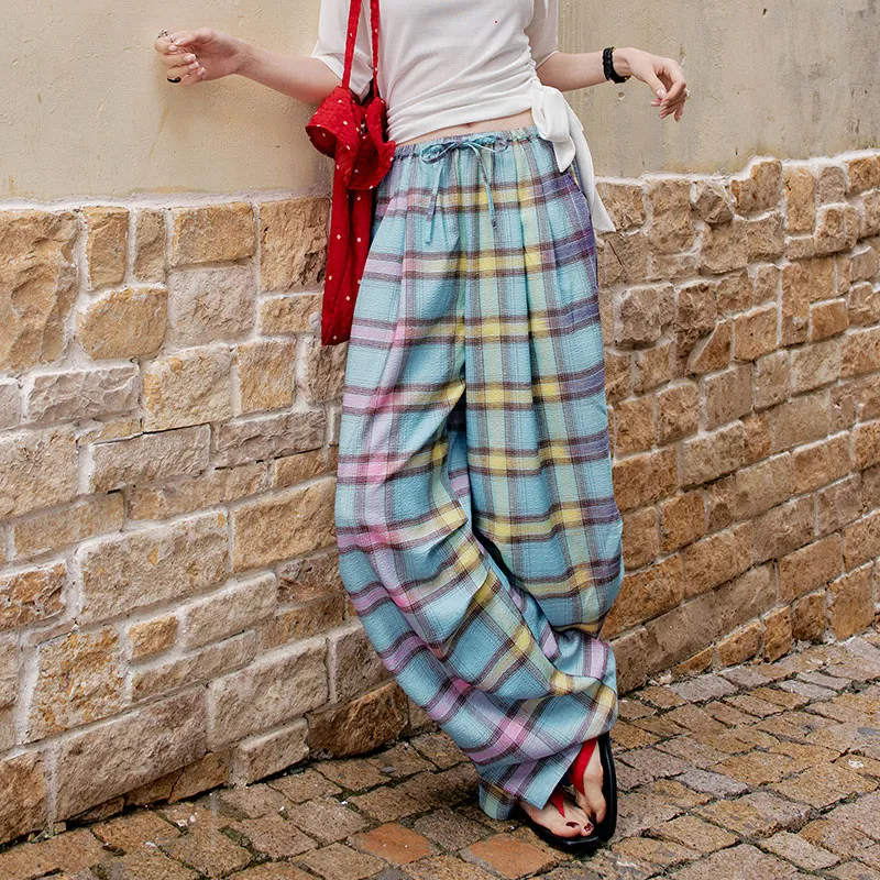 ELF SACK Casual Pants Women's Naughty Blue Pink Plaid-5