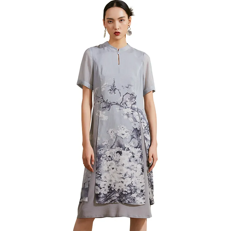 QIAOWANNI Short Sleeved Dress Women's Ink Wash Cherry Blossom-2
