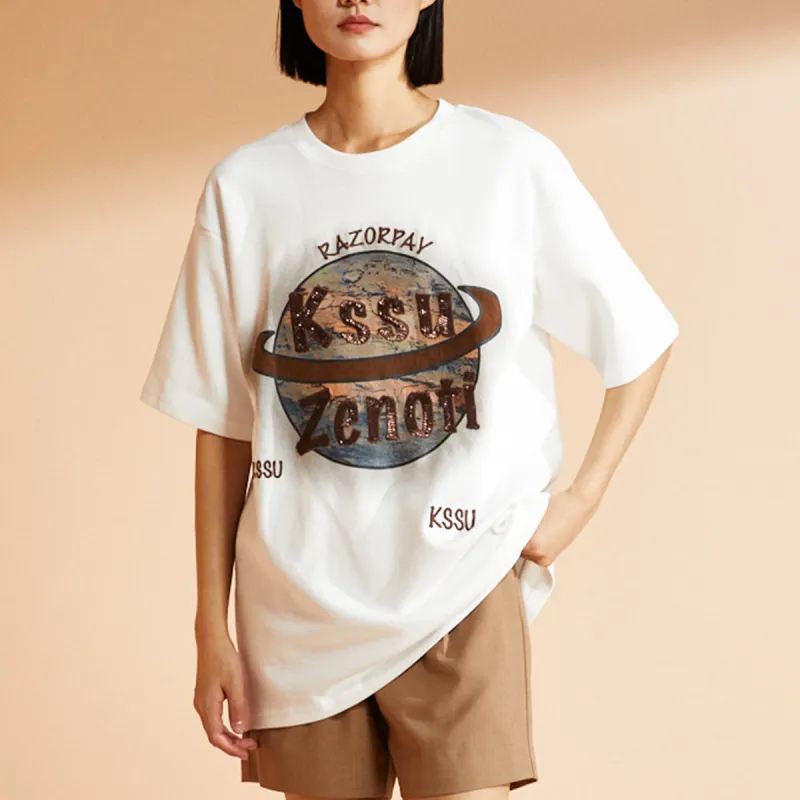 IVENI Spring, Summer Regular T Shirt Women's Pearl White Loose Fit-2