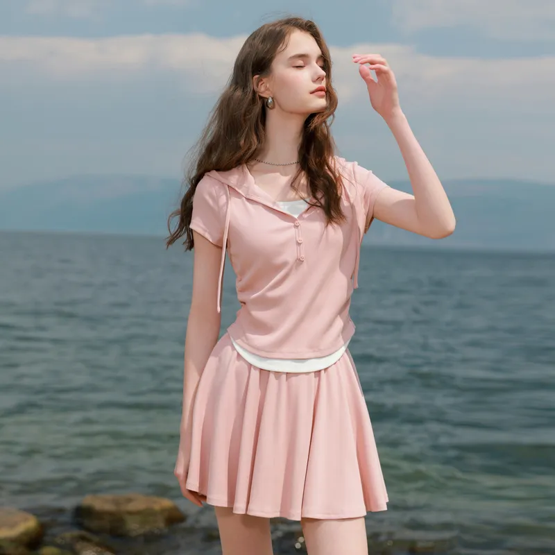 3COLOUR Casual Suits Women's Clothing Sets Cinnamon Powders Top+Skirt-2