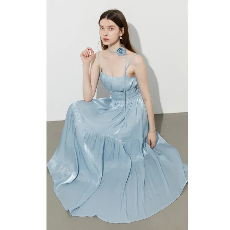 DPLAY Slip Dresses Women's Camisole Dress Sea Salt Blue With Lace Up Floral-3