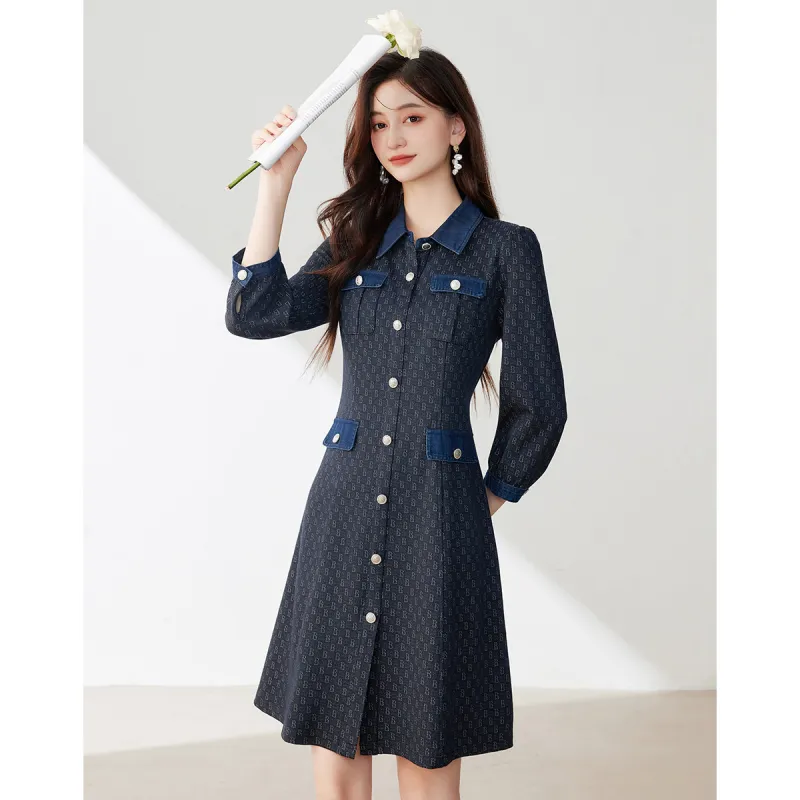 Like The Age Of Water Long Sleeved Dress Loose Fit Women's Navy Blue-2
