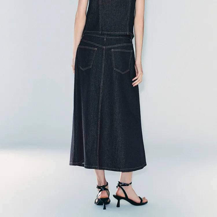 URBAN REVIVO Denim Long Skirt Women's Blue-3