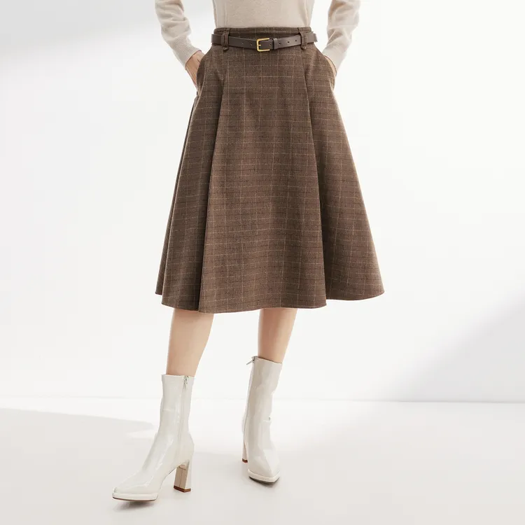 SHUIYUNJIAN Casual Long Skirts Women's Coffee Plaid-4