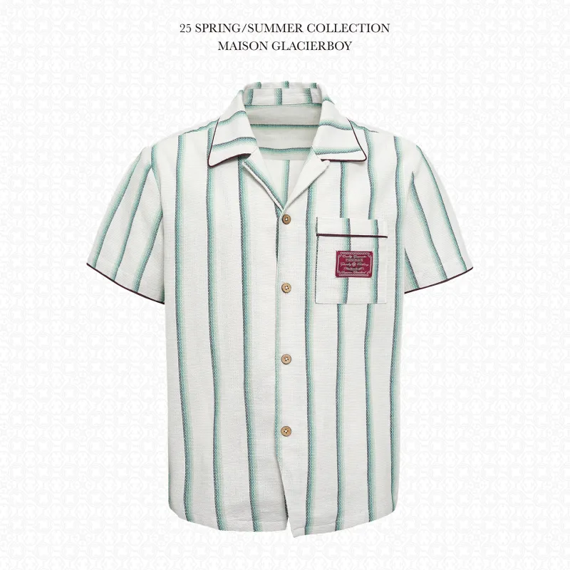 GLACIERBOY Shirts Unisex Light Green Stripes Short Sleeved Shirt-6