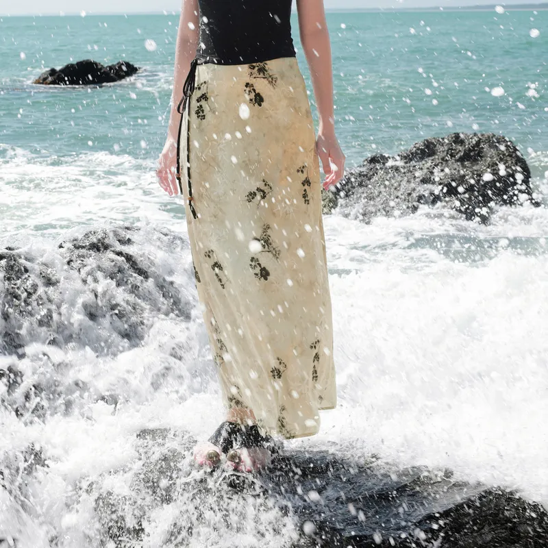 3COLOUR Casual Long Skirt Women's Pea Green Floral-3
