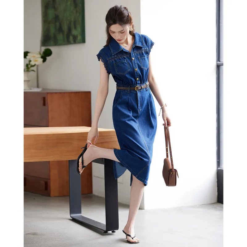TERRE BLEUE Short Sleeved Dress Loose Fit Women's Dark Blue-5