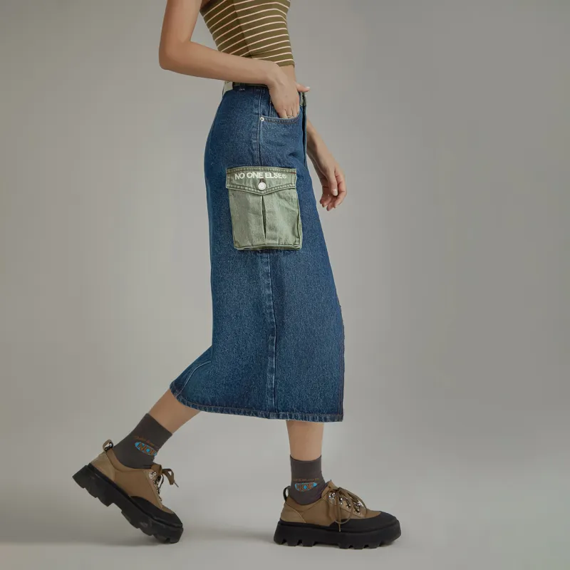 NO ONE ELSE Denim Long Skirts Women's Dark Denim Blue-2