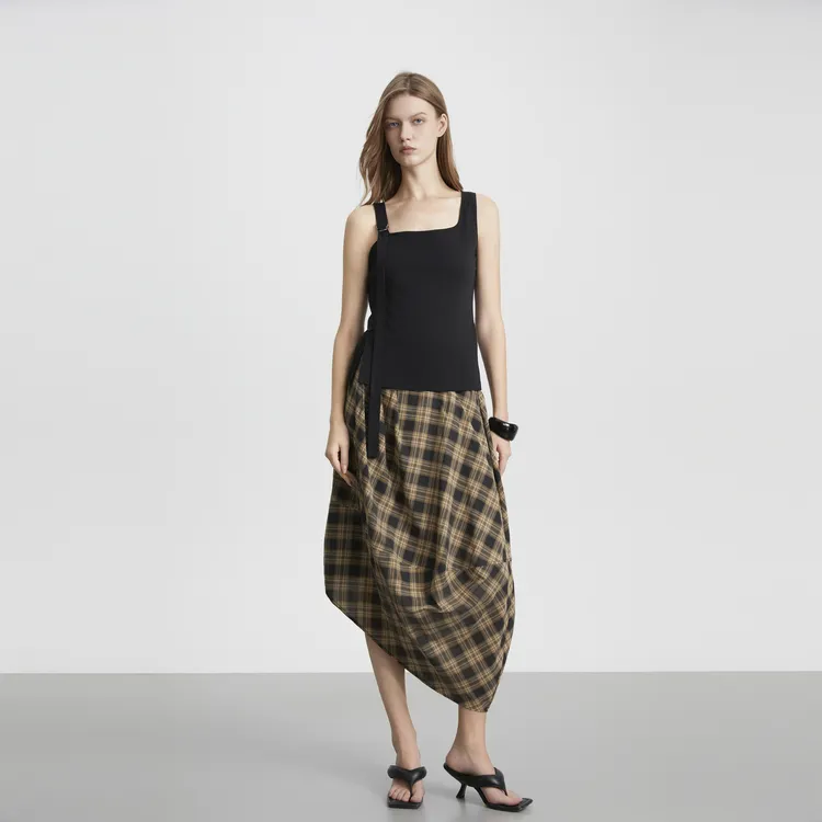 ELLE Casual Long Skirts Women's Coffee Plaid-6
