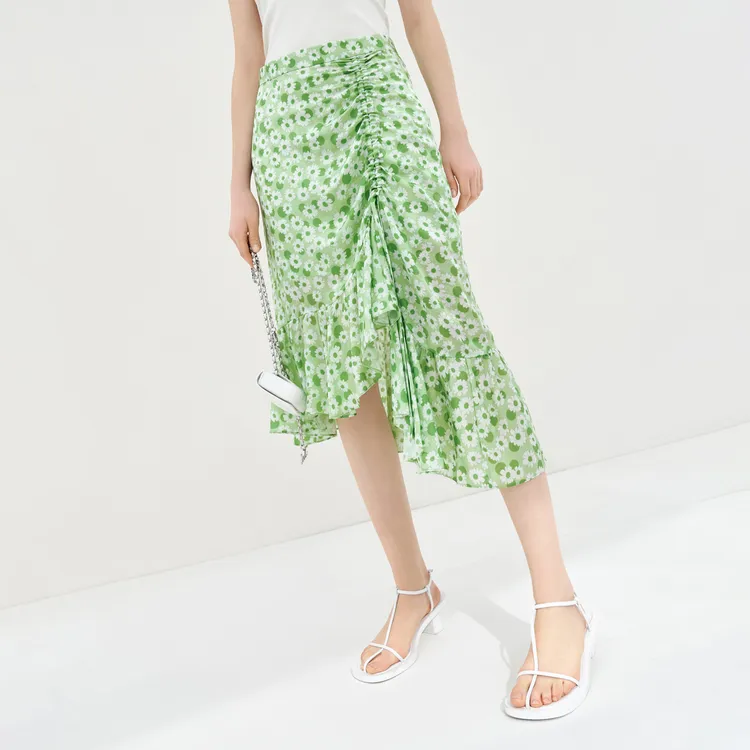 MO&CO Casual Long Skirts Women's White Base With Green Print-4