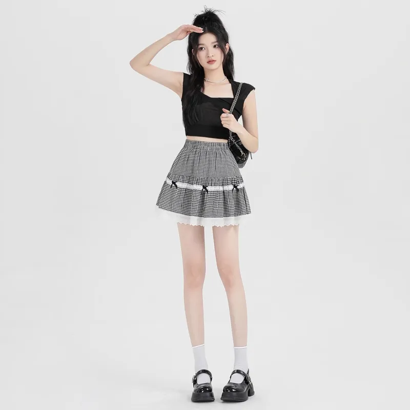 MISSHONEY MH Casual Short Skirts Women's Black Plaid-2