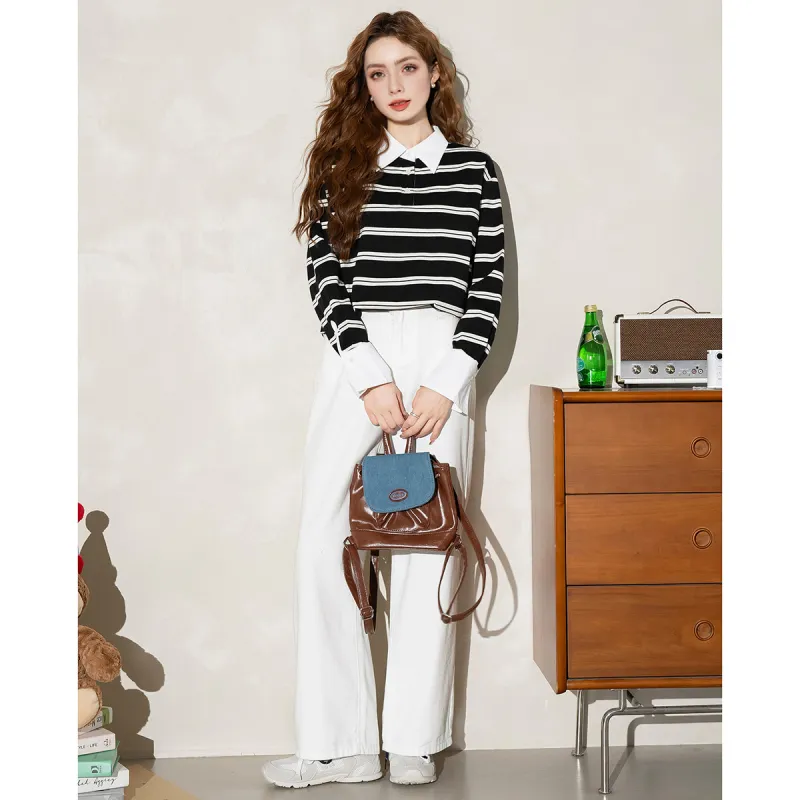 FAWENXIANGZI Polo Shirt Women's Black White Stripes-1