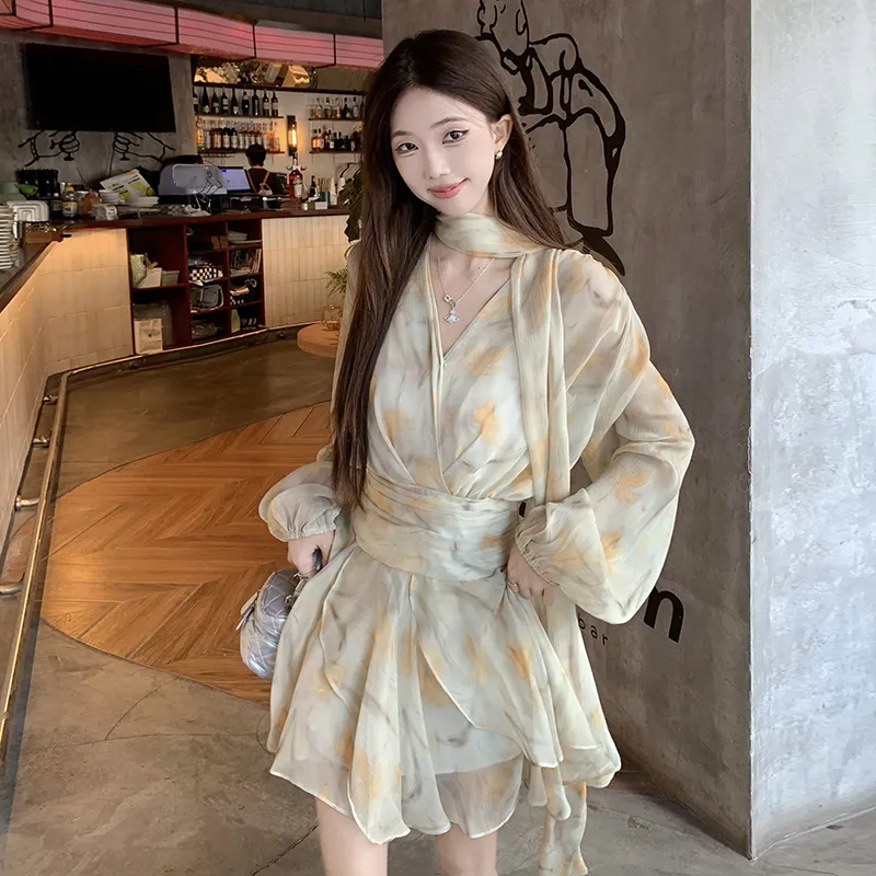 XIANSINIAO Two Piece Skirt Sets Women's Light Yellow Floral, Includes Camisole With Non Detachable Ribbon-3