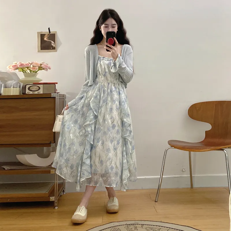 XIANSINIAO Two Piece Skirt Sets Women's Blue Cardigan+Dress-2