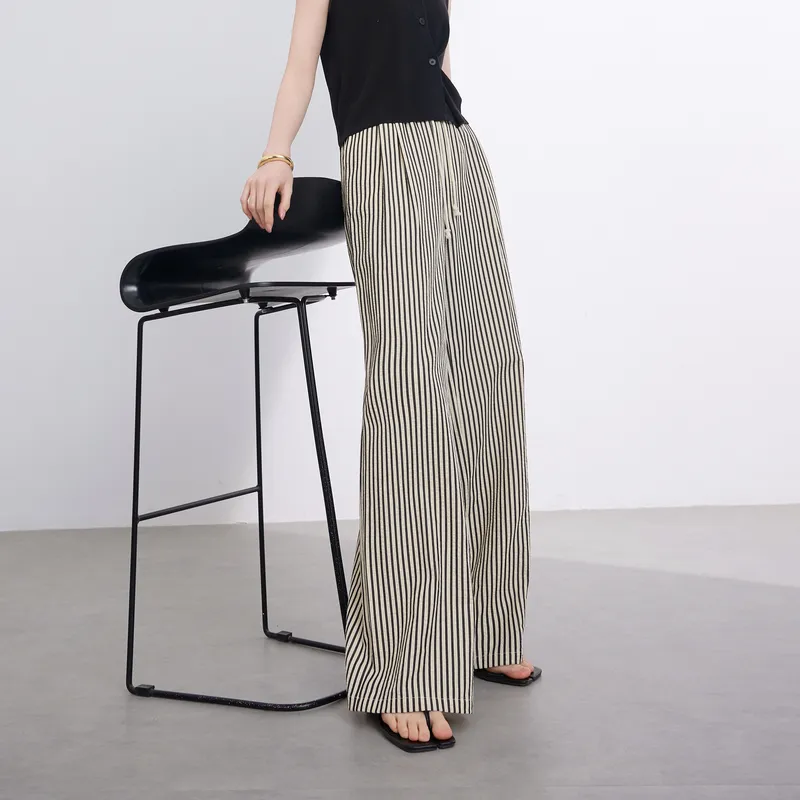 3COLOUR Casual Pants Women's Black Rice Stripes-3