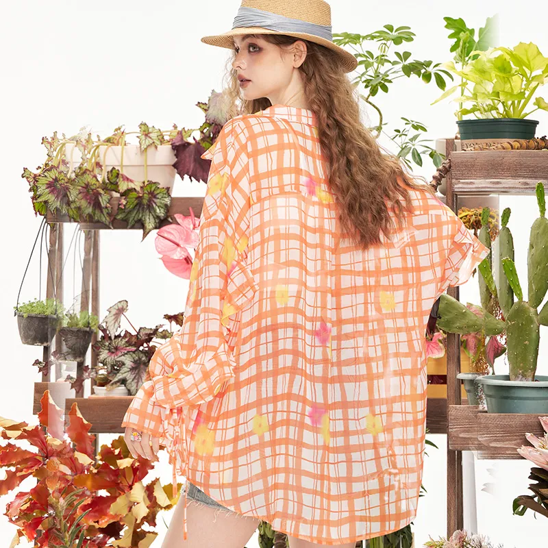 ELF SACK Chiffon Shirts Women's Floral Orange Plaid-5
