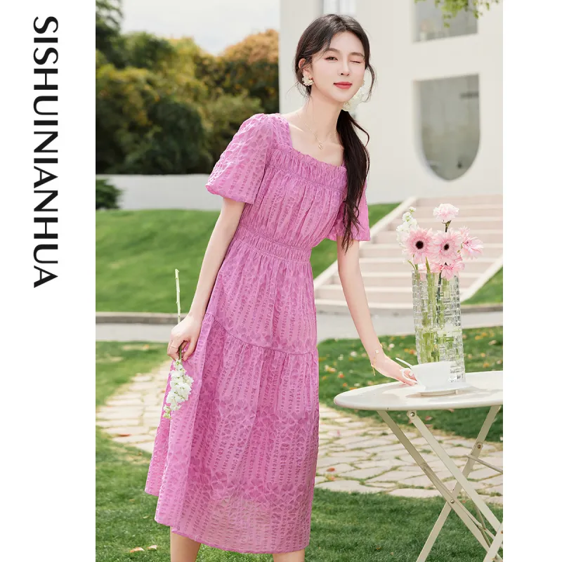 Like The Age Of Water Short Sleeved Dress Women's Rose Red-1