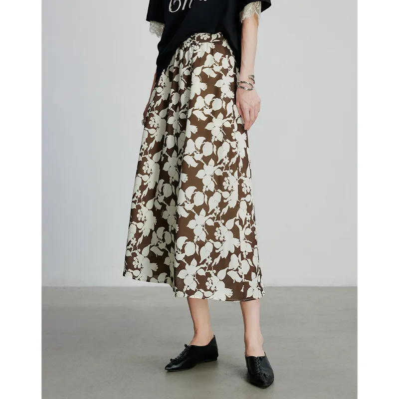 Initial Language Casual Long Skirts Women's White Coffee Flower-1