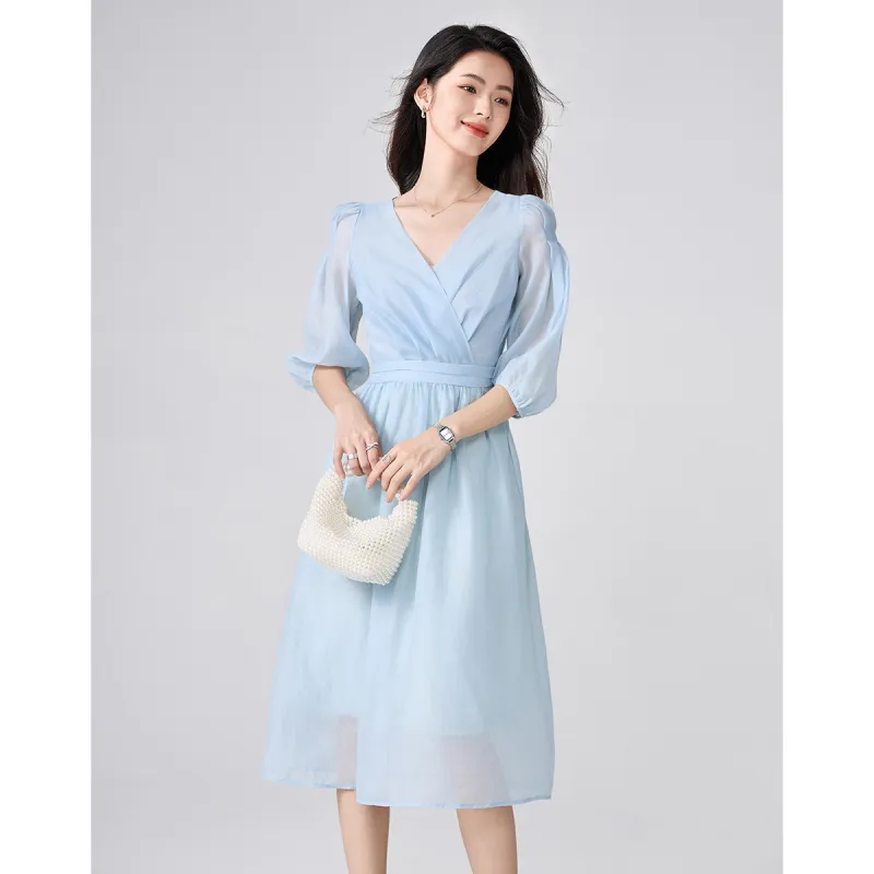 Love Elaine Short Sleeved Dress Cinched Waist Women's Light Blue-2
