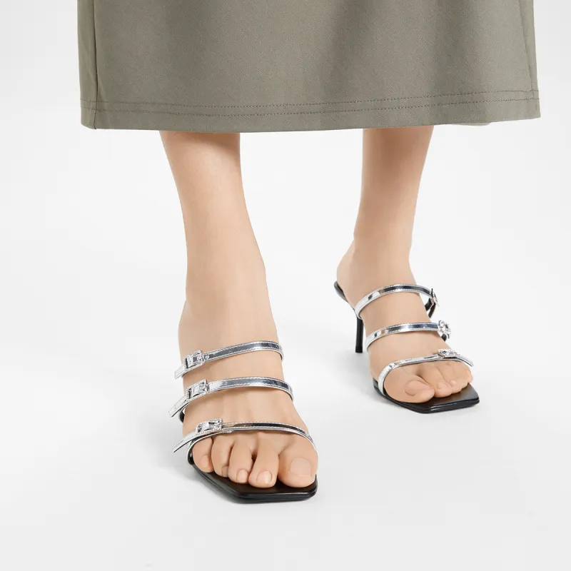 CHARLES&KEITH Composite Sole Slide Slippers 6.5cm Women's Black Patent Black/Silver/Dark Denim Blue-8