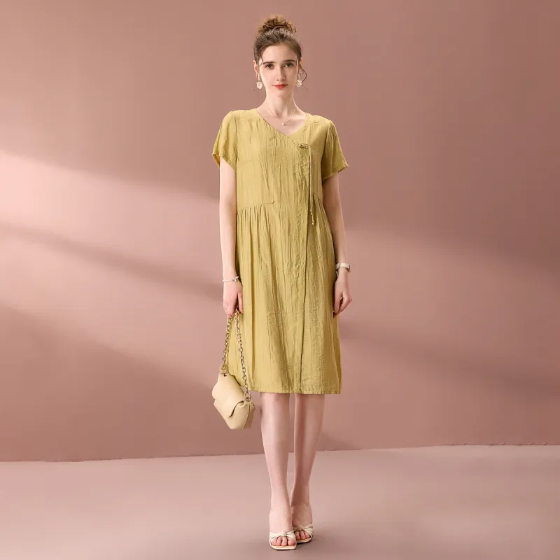 FENHONGMALI Short Sleeved Dress Women's Yellow-1