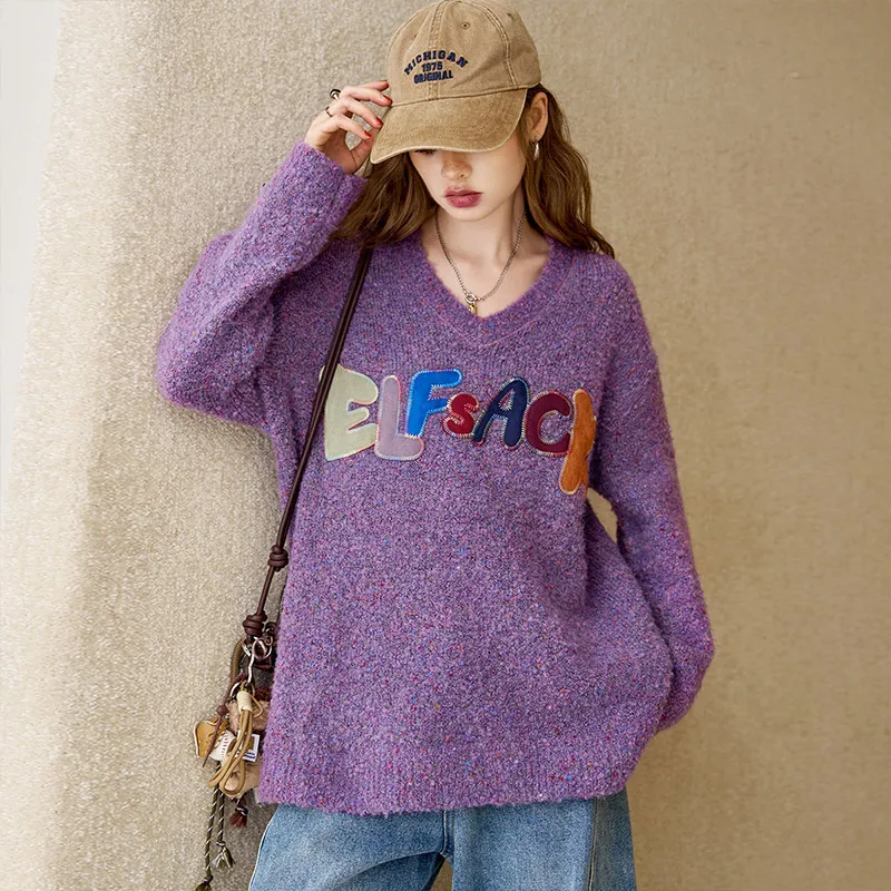 ELF SACK Multicolor Plush Letter Effortless Style Sweater Women's-2
