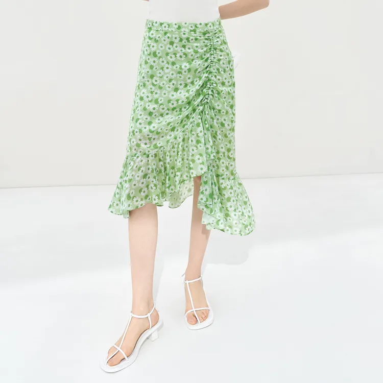 MO&CO Casual Long Skirts Women's White Base With Green Print-2