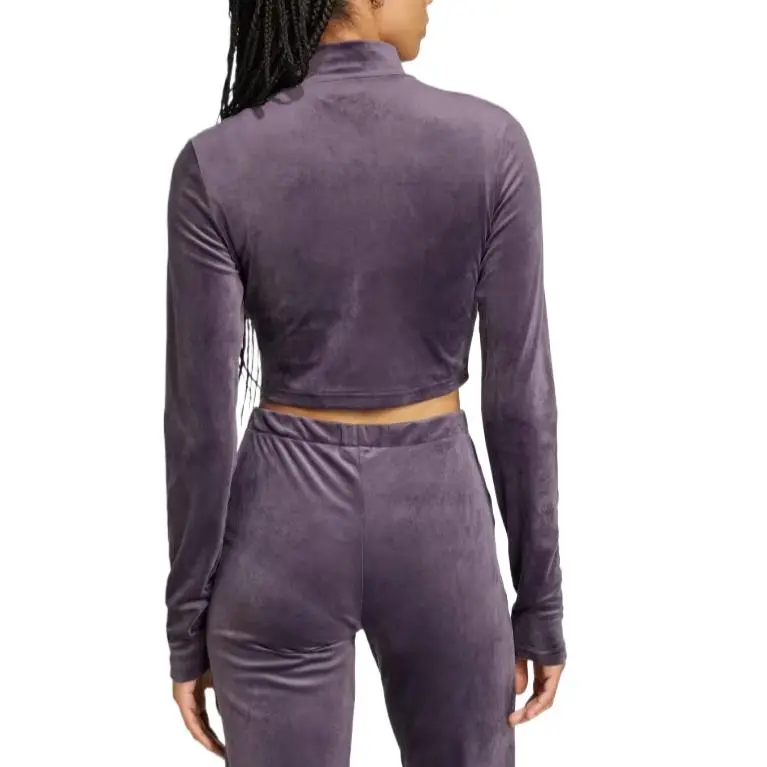 Adidas Women's Long Sleeve Rhinestone Trefoil Velvet Crop Top Aurora Black-2
