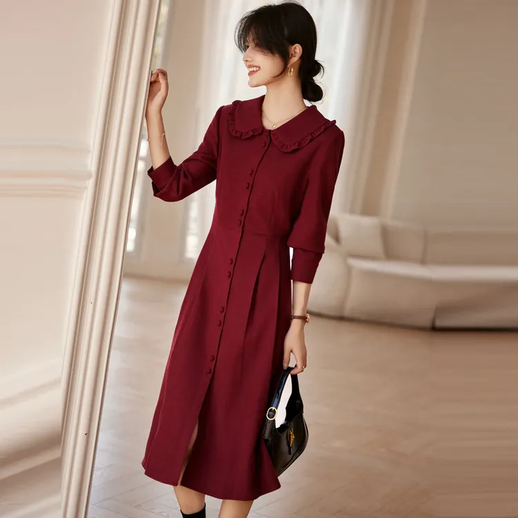 Still Quiet Long Sleeved Dress Women's Red-6