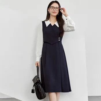 SENTUBILA Long Sleeved Dresses Women's Navy Blue With White